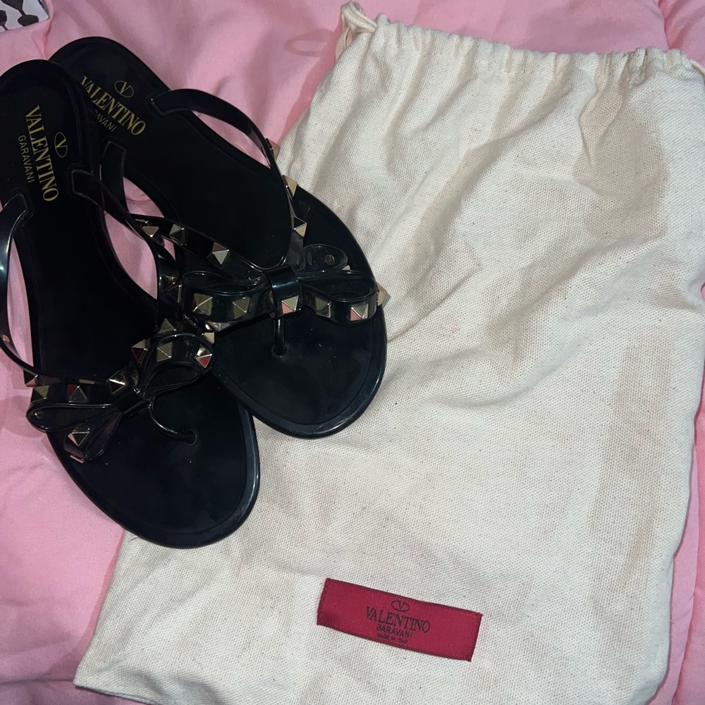 Valentino Black Sandals with Gold Accents
